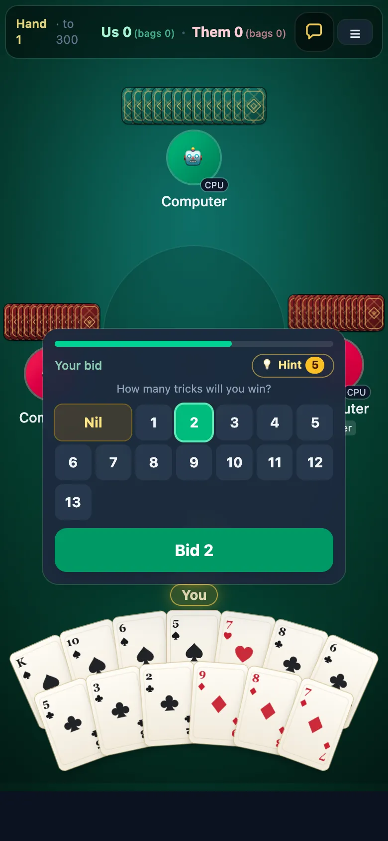 Spades gameplay, screenshot 1
