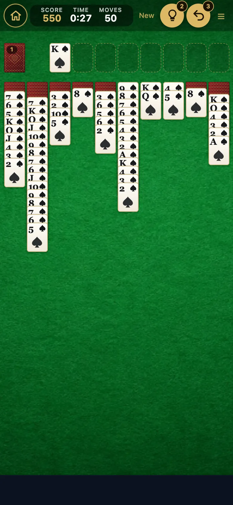 Spider Solitaire gameplay, screenshot 2